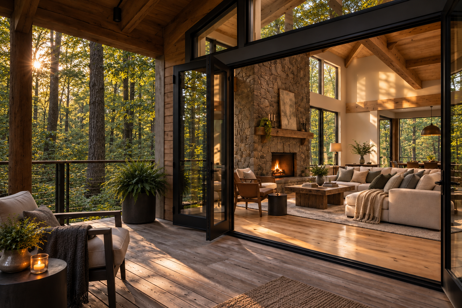 A warm timber-and-stone house surrounded by Upstate New York woods