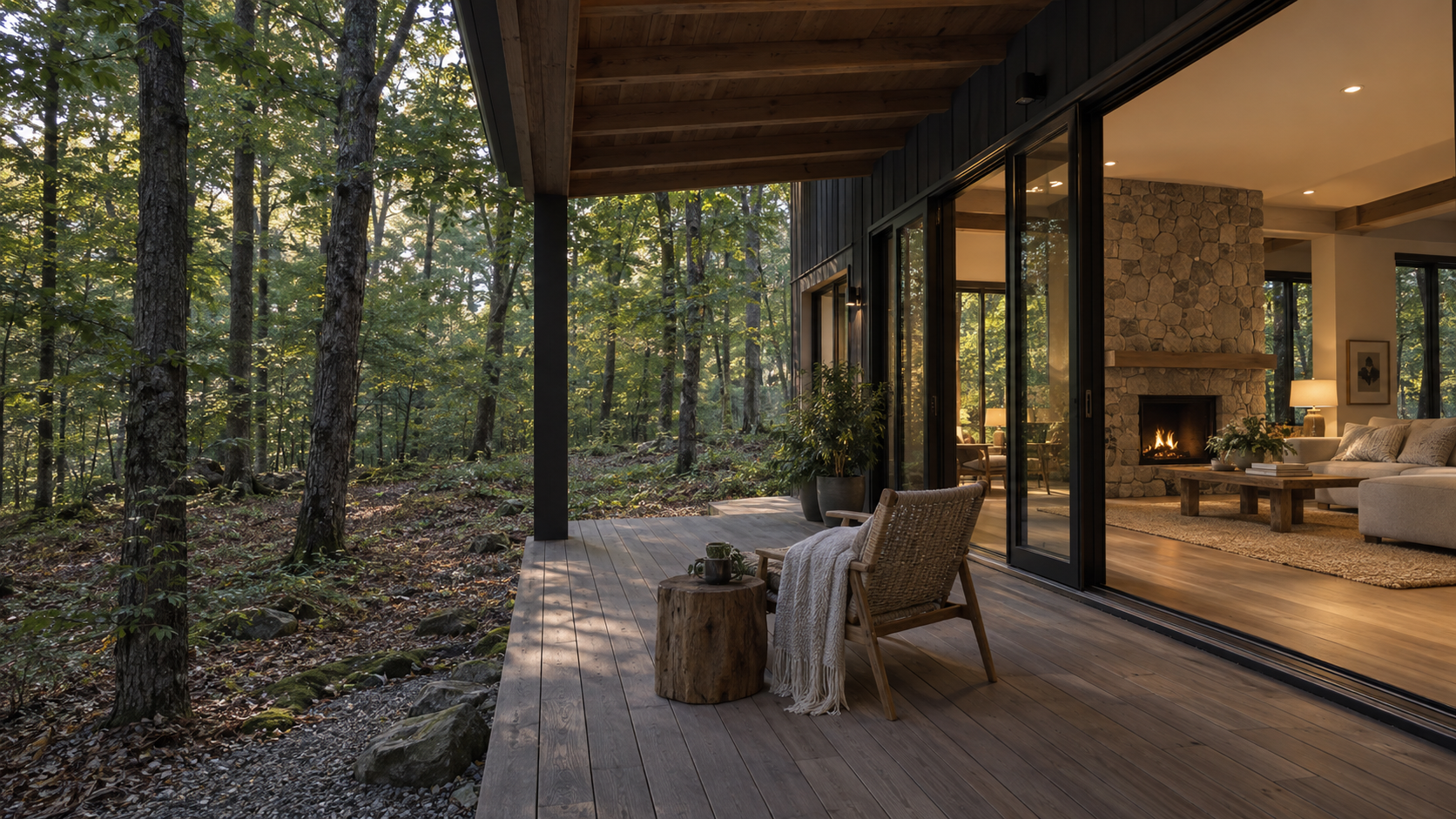 A shaded woodland terrace beside a warm living room with a stone fireplace