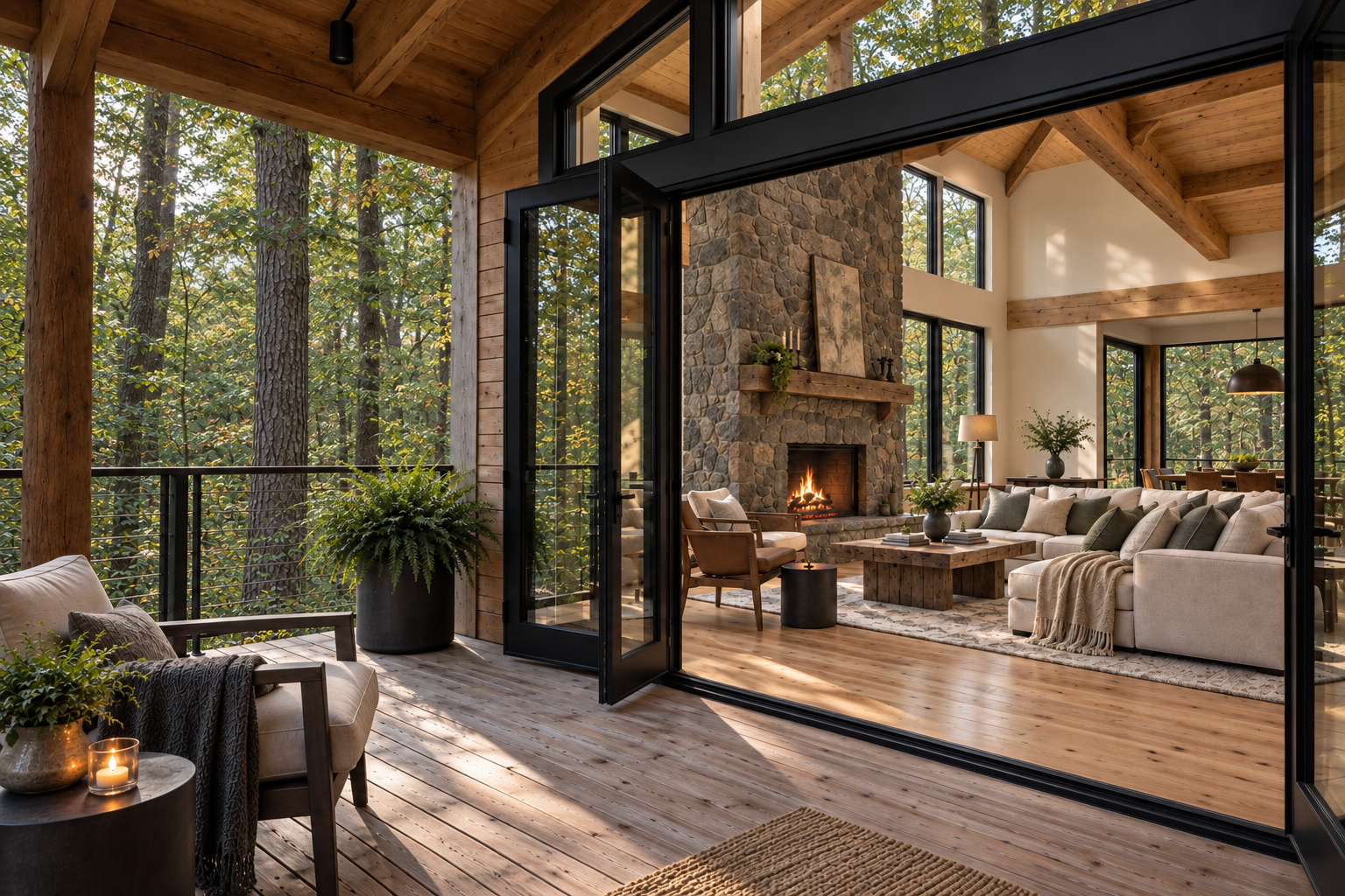 A timber-and-stone home with a secluded terrace, cream seating, and a stone fireplace framed by woodland