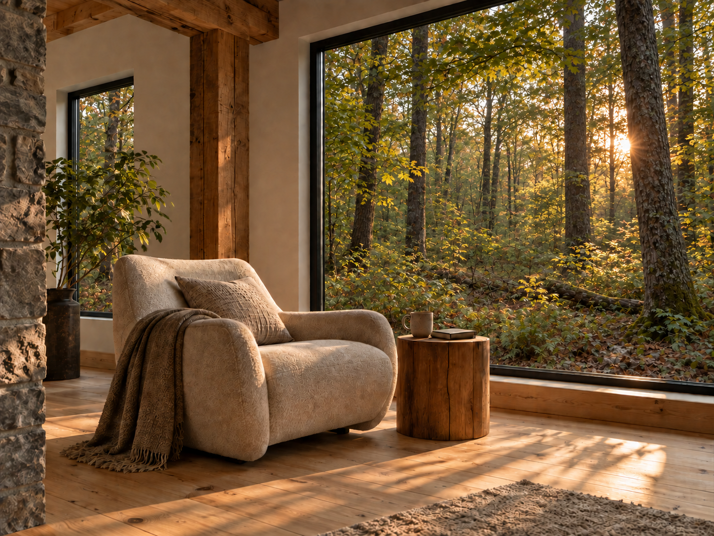 A quiet reading chair beside a window overlooking dense Upstate New York woods