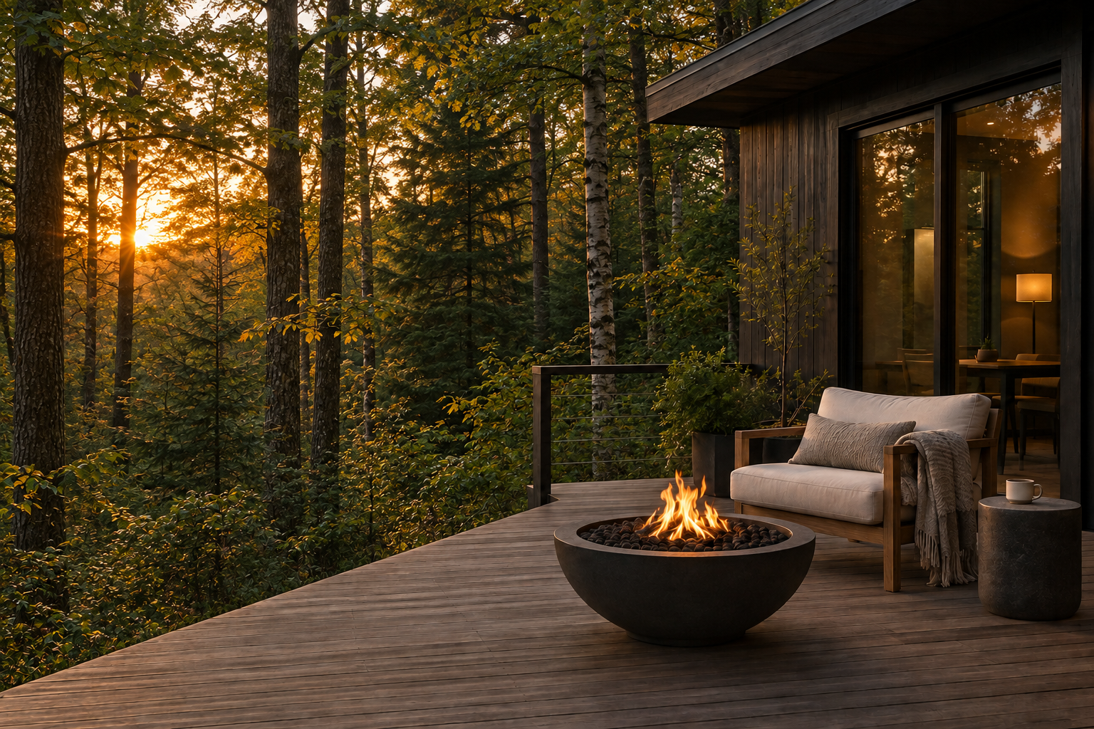 A secluded Upstate New York woodland house at sunset