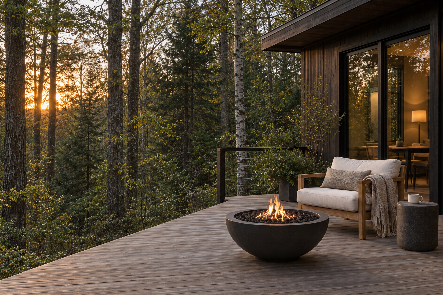 A timber terrace with cream lounge seating and a small fire bowl overlooking secluded woods at sunset